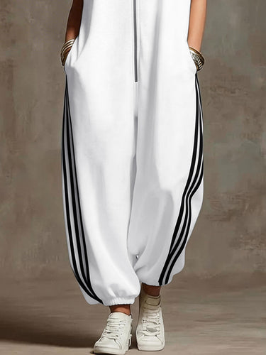 White Plus Size Contrast Color Pockets Split-Joint Striped Zipper Stand Collar Jumpsuits