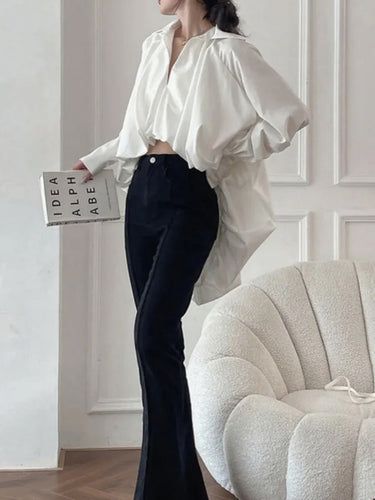 High-low Plus Size Long Sleeves Pleated Solid Color Lapel Collar Blouses&shirts Tops
