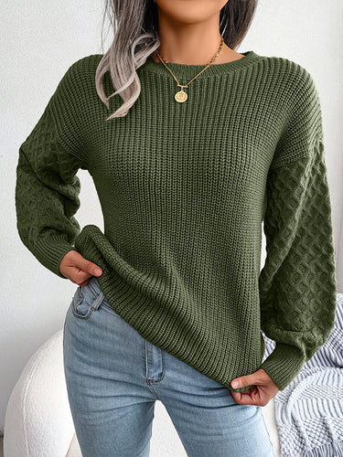 1713729 Long Sleeves Loose Cable Knit Solid Color Round-Neck Sweater Tops