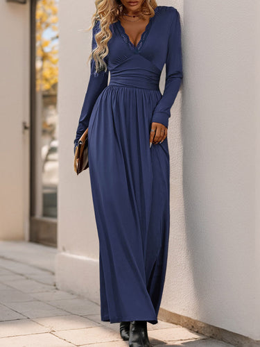 1749406 A-Line High Waisted Pleated Solid Color Split-Side V-Neck Maxi Dresses