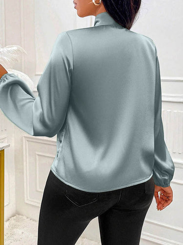 1729148 Long Sleeves Loose Bow-Embellished Pleated Solid Color Split-Joint Scarf Collar Blouses&Shirts Tops