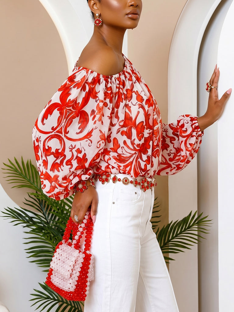 Long Sleeves Puff Sleeves Contrast Color Elasticity Flower Print