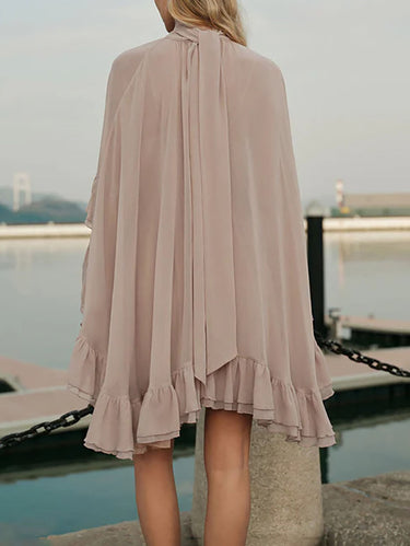 1755955 High Waisted Sleeveless Pleated Ruffled Solid Color Split-Joint Tied Mock Neck Mini Dresses Two Pieces Set