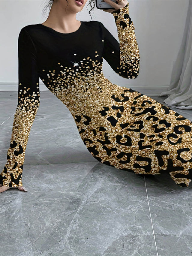 Black Gold Shiny Leopard Bodycon Midi Dress – Uoozee official