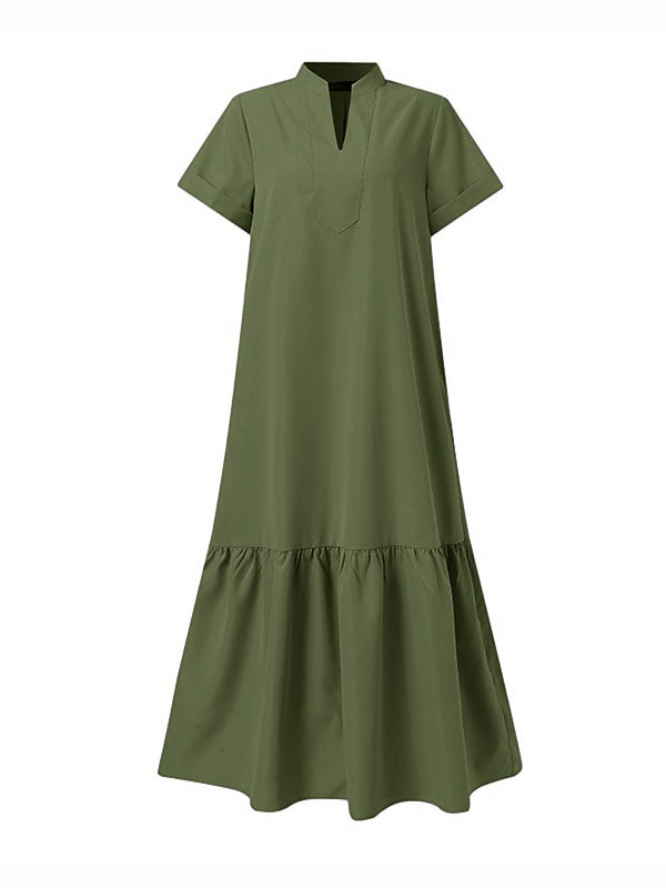 A-Line Wrap Pleated Solid Color Split-Joint V-Neck Maxi Dresses main image 1