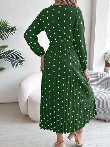 1756166 High Waisted Long Sleeves Pleated Polka Dot Tied Waist V-Neck Maxi Dresses Shirt Dress