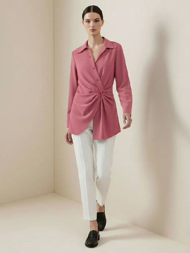 Long Sleeves Wrap Asymmetric Knot Pleated Lapel Blouses&Shirts Tops