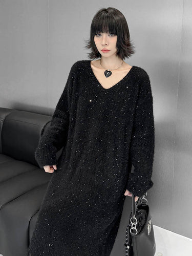 1720283 Irregularity Long Sleeves Contrast Color Sequined Shiny Split-Joint Tasseled V-Neck Midi Dresses Sweater Dresses