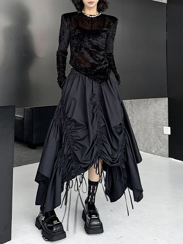 1721432 A-Line Elasticated Waist Asymmetric Drawstring Pleated Solid Color Skirts Bottoms