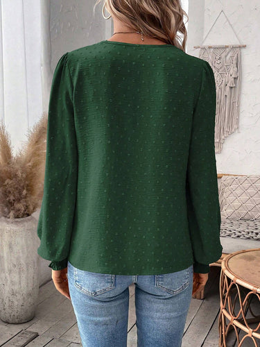 1780431 Balloon Sleeves Long Sleeves Embroidered Hollow Solid Color V-Neck Blouses&Shirts Tops