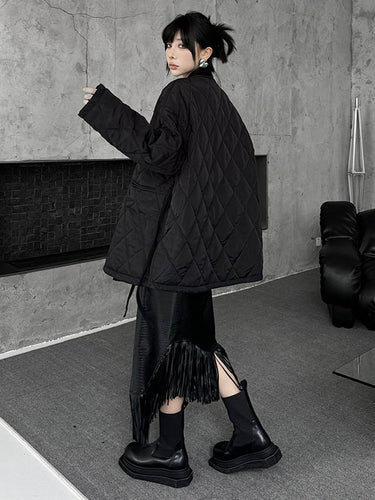 1720270 Long Sleeves Loose Plaid Quilted Solid Color Split-Joint Tied Collarless Outerwear Padded Coat