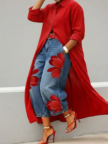1759728 Loose Wide Leg Flower Print No Belt Pockets Jean Pants Bottoms Ninth Pants
