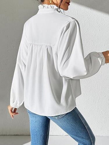 1717756 Long Sleeves Puff Sleeves Pleated Ruffled Solid Color Stand Collar Blouses&Shirts Tops