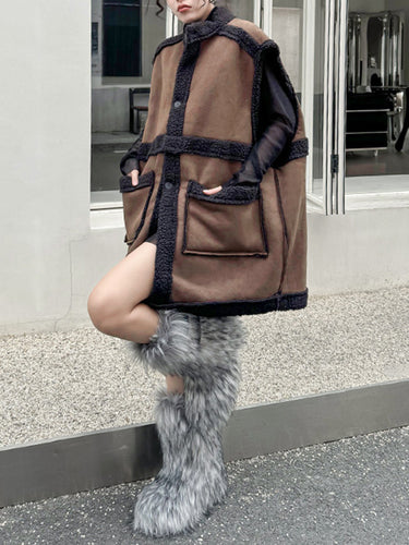 1720726 Loose Sleeveless Buttoned Pockets Split-Joint Stand Collar Vest Outerwear