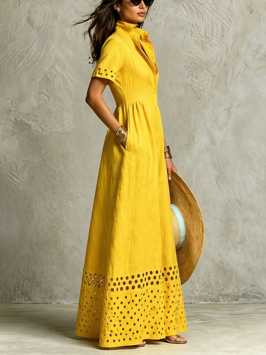 1784090 High Waisted Loose Buttoned Elasticity Hollow Pockets Solid Color Split-Front Lapel Maxi Dresses