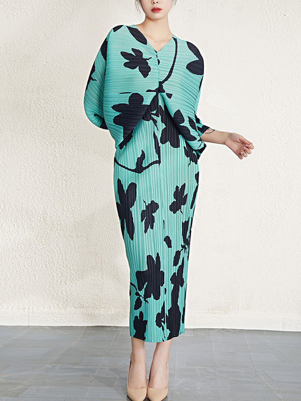 Batwing Sleeves Loose Gradient Pleated Round-Neck Midi Dresses main image 1