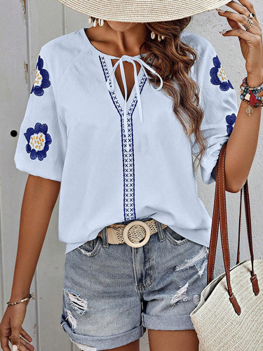 1780443 Half Sleeves Loose Contrast Color Embroidered Tied V-Neck Blouses&Shirts Tops