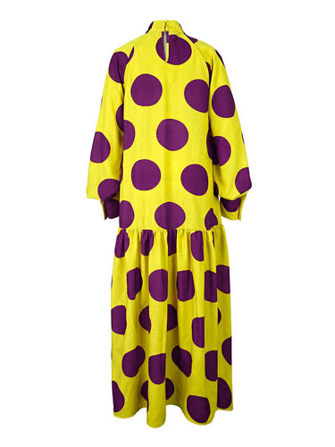 Manga larga Suelta Dobladillo grande Contraste de color Plisado Lunares Dividido Medio cuello alto Vestidos largos