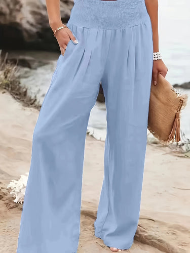 1739483 Elasticated Waist High Waisted Pleated Pockets Solid Color Split-Joint Pants