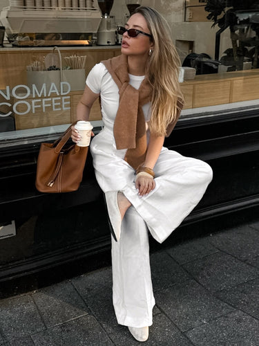 1742271 Elasticated Waist High Waisted Pleated Solid Color Split-Joint Pants