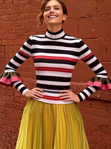 Long Sleeves Skinny Contrast Color Ruffled Split-Joint Striped Half Turtleneck Blouses&Shirts Tops