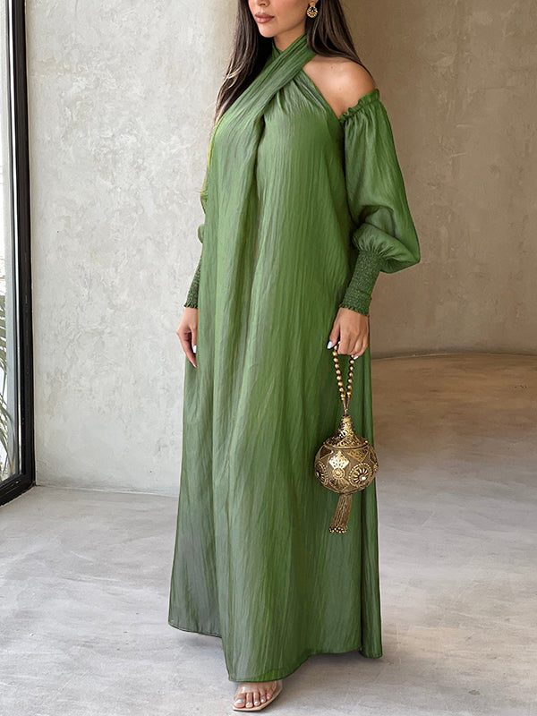 Solid Color Lapel Elastic Cuffs Loose Maxi Dress
