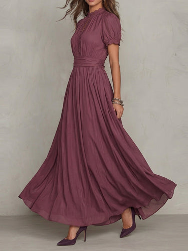 1784232 High Waisted Plus Size Buttoned Pleated Solid Color Round-neck Maxi Dresses