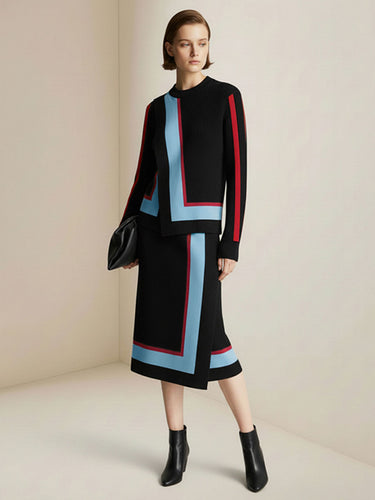 Irregularity Long Sleeves Abstract Printed Asymmetric Contrast Color Ribs Split-Joint Round-Neck Sweater Tops