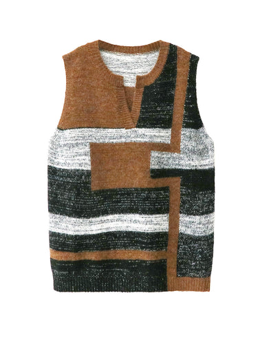 1734780 Loose Sleeveless Contrast Color Geometric Split-Joint Striped V-Neck Outerwear Vest Top