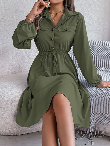 1756188 A-line Long Sleeves Buttoned Pleated Solid Color Tied Lapel Midi Dresses Shirt Dress