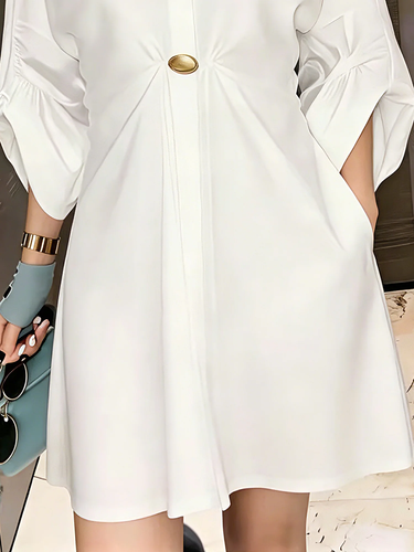 1782997 Loose Puff Sleeves Buttoned Pleated Pockets Solid Color Lapel Mini Dresses
