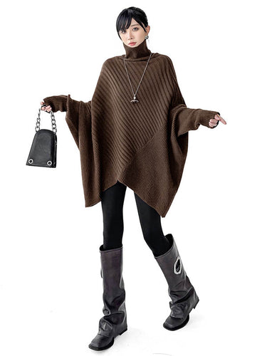 1726267 Batwing Sleeves Irregularity Asymmetric Ribbed Knit Solid Color Split-Joint High Neck Sweater Tops