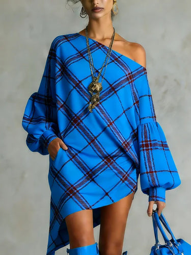 Long Sleeves Puff Sleeves Asymmetric Contrast Color Plaid Pleated One-Shoulder Mini Dresses
