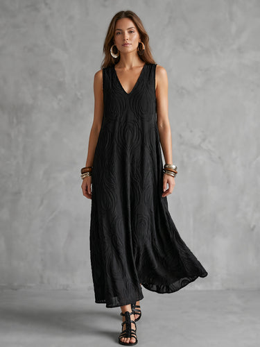 1785145 A-Line Loose Jacquard Solid Color V-Neck Midi Dresses