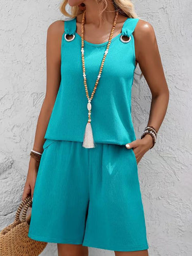 1772281 Blusas holgadas sin mangas, de color liso y cuello redondo con aberturas&SConjunto de dos piezas: top corto y shorts con bolsillos.