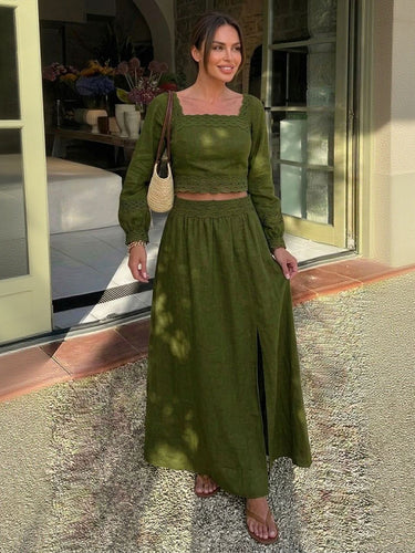 1788912 Split-side Solid Color Backless Long Sleeves High Waisted Square-neck Two Pieces Set Skirts Bottoms + Blouses&shirts Tops