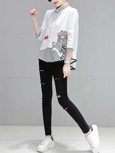 1421361 High-Low Loose Contrast Color Embroidered Printed Blouses&Shirts Tops
