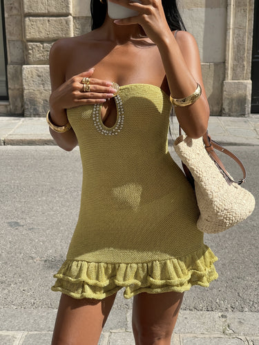 1783272 Bodycon High Waisted Backless Ruffled Solid Color Split-Joint Tied Tube Mini Dresses