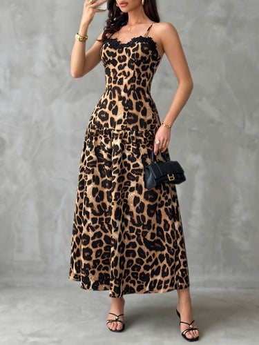 leopard pleated dress Brown Leopard Print Dress - Midi Dress - Godet Pleated Dress