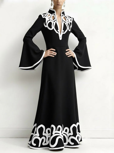 A-Line Flared Sleeves Abstract Printed Contrast Color Hollow Line Split-Joint Stand Collar Maxi Dresses