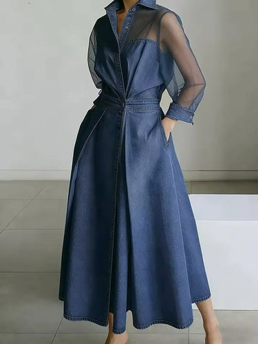 A-Line High Waisted Buttoned Pockets See-Through Solid Color Split-Joint Lapel Maxi Dresses