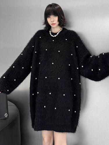 1720181 Long Sleeves Loose Beads Contrast Color Shiny Split-Joint Round-Neck Mini Dresses Sweater Dresses