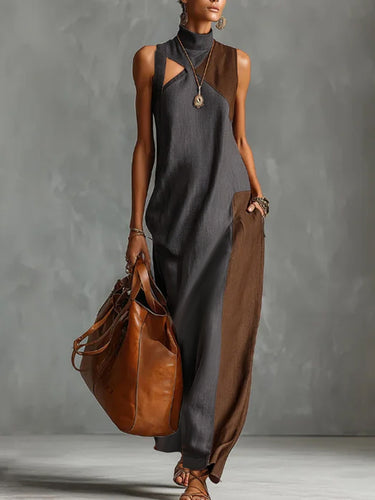 Loose Sleeveless Asymmetric Contrast Color Pockets Split-Joint Mock Neck Maxi Dresses