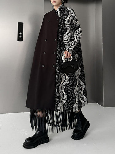 1720712 Long Sleeves Loose Buttoned Contrast Color Pockets Stand Collar Woolen Coat