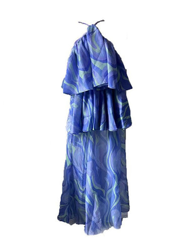 1753956 Robes longues imprimées sans manches, dos nu, à volants et col licou