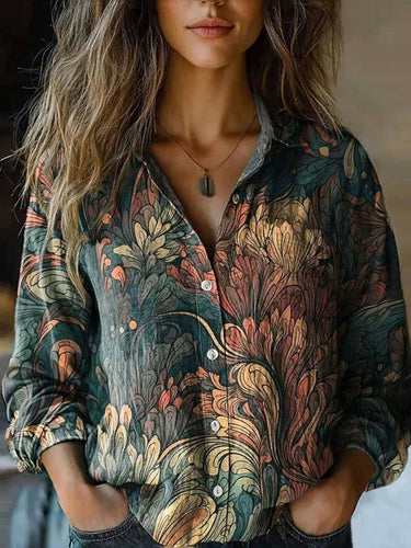 1752326 Long Sleeves Loose Buttoned Contrast Color Printed Split-Joint Lapel Blouses&Shirts Tops