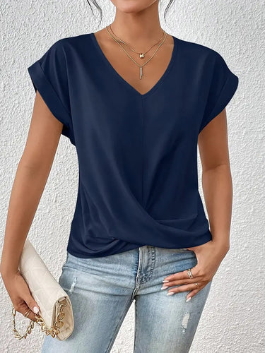 1768301 Loose Plus Size Pleated Solid Color V-Neck T-Shirts Tops