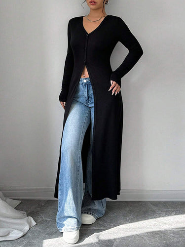 1715677 Long Sleeves Skinny Buttoned Solid Color Split-Front V-Neck T-Shirts