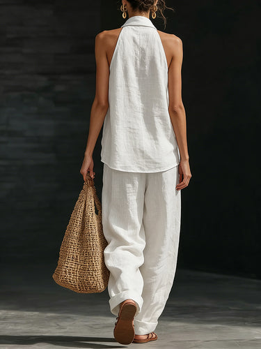 Losse effen kleur V-hals mouwloos vest top + zakken broek broek tweedelige set