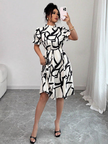 1738718 A-Line Bodycon Abstract Printed Contrast Color Ruffled Split-Joint Midi Dresses